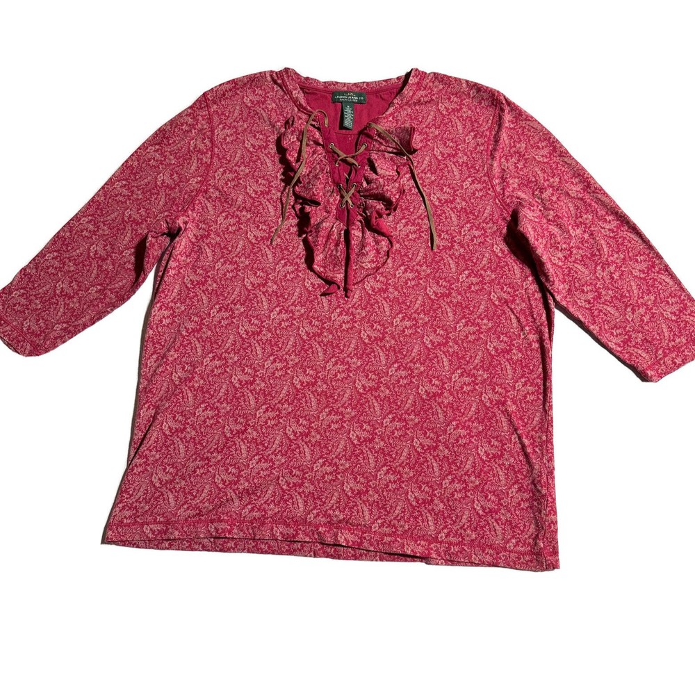 LRL Lauren Jeans Co Red Floral 3/4 Sleeve Lace Up Top Ruffle Women’s Size 1X